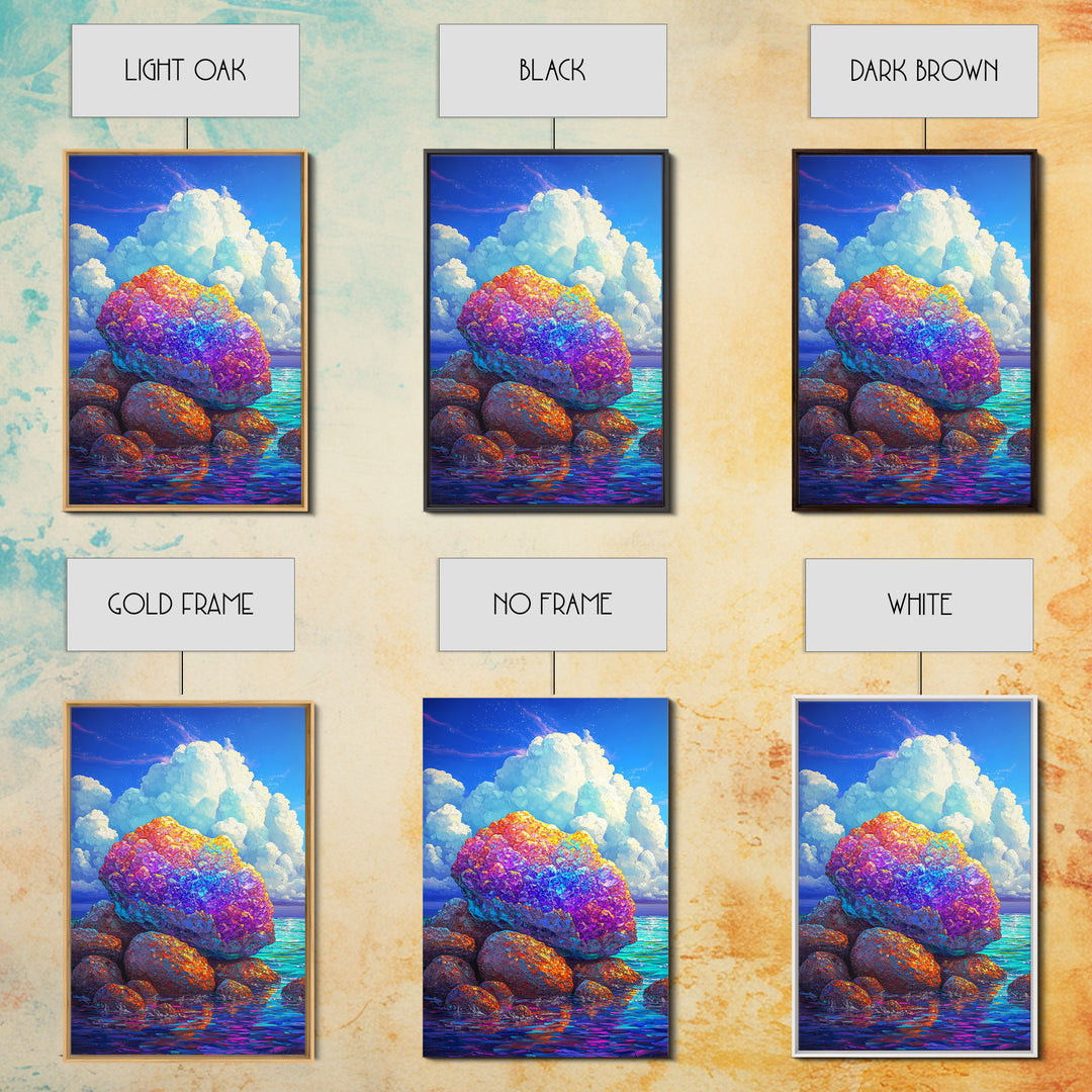 Rainbow Crystal Rocks Beside Blue Sea Canvas Print, Coastal Wall Art, Colorful Nature Art, Ocean Landscape Home Decor Gift