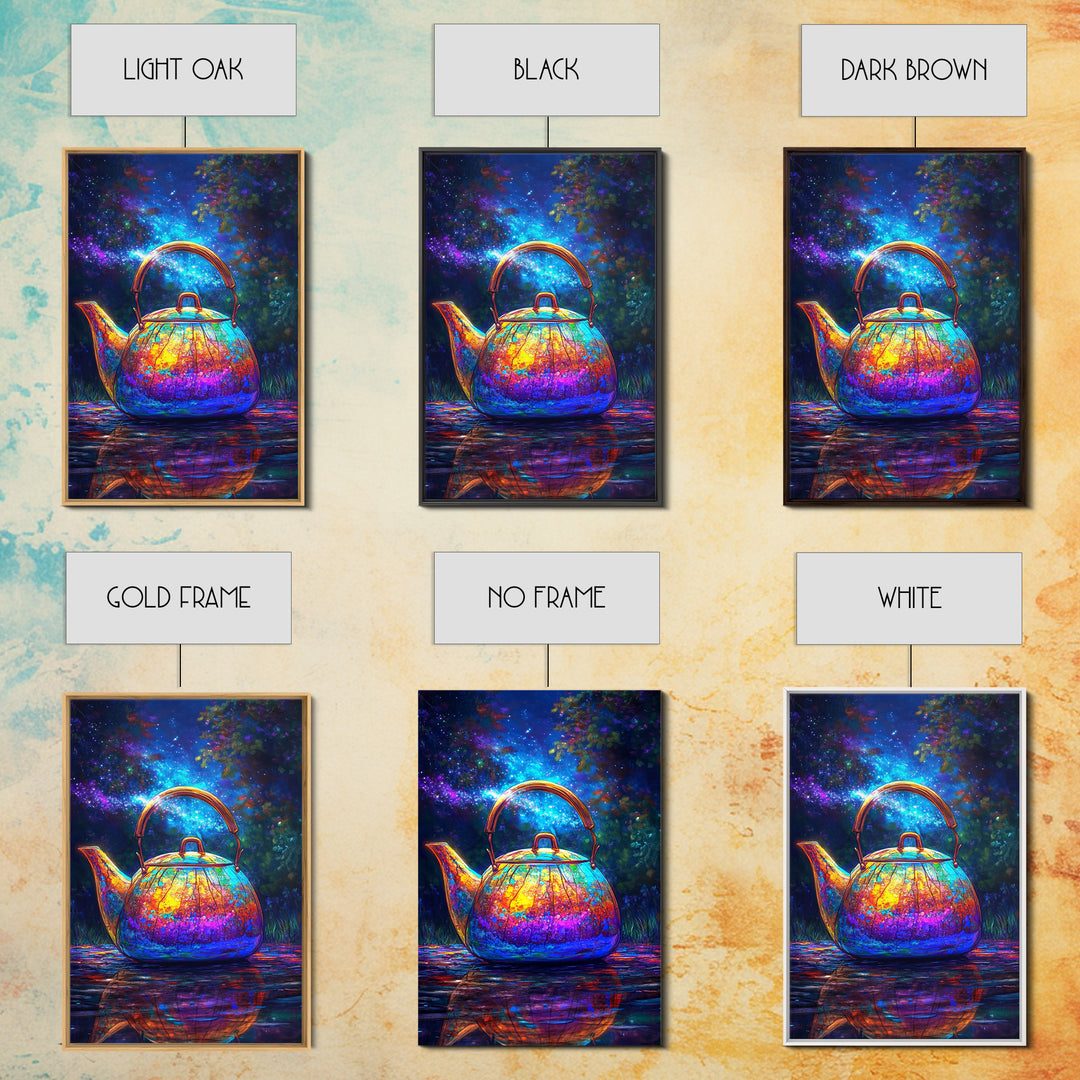 Cosmic Rainbow Teapot Under Stars Canvas Print, Whimsical Kitchen Wall Art, Unique Tea Lover Gift, Colorful Home Decor Print