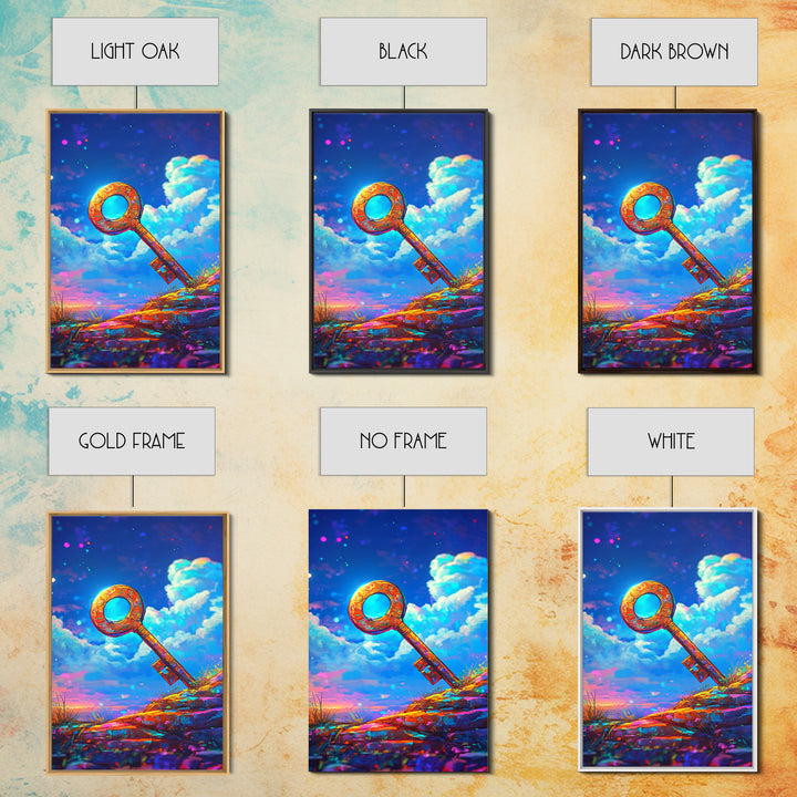 Golden Key On Dreamy Hilltop Canvas Print, Whimsical Wall Art, Fantasy Decor, Celestial Art, Unique Gift, Kids Room Decor