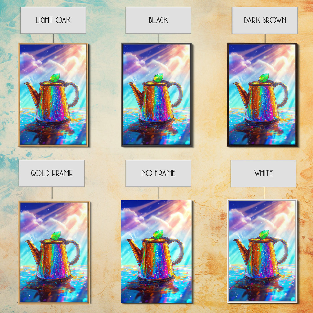 Radiant Rainbow Teapot With Leaf Canvas Print, Colorful Kitchen Wall Art, Tea Lover Gift, Whimsical Home Decor Poster Print