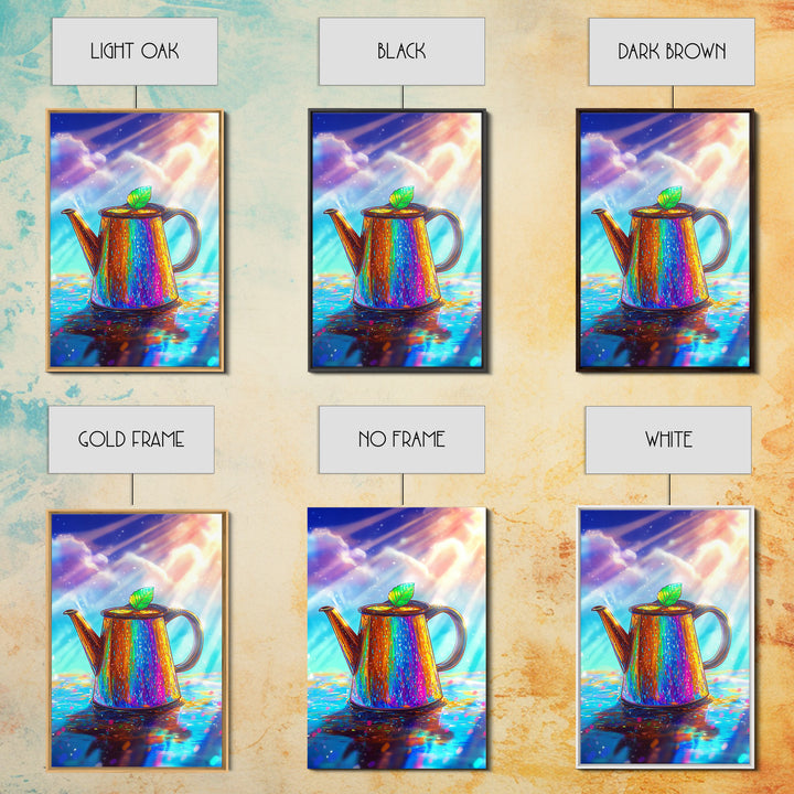 Radiant Rainbow Teapot With Leaf Canvas Print, Colorful Kitchen Wall Art, Tea Lover Gift, Whimsical Home Decor Poster Print