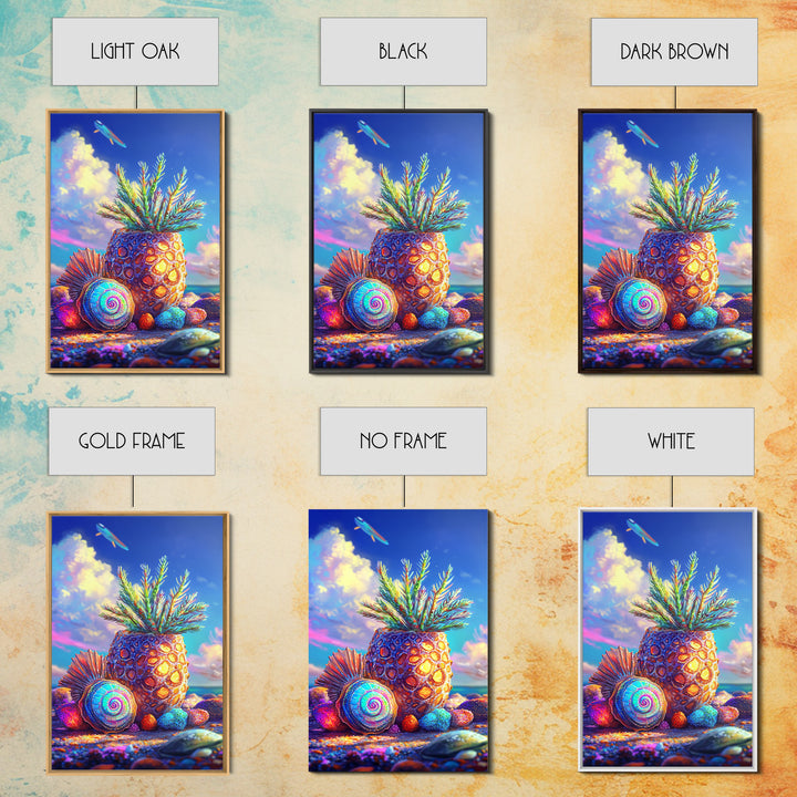 Surreal Pineapple And Seashell Canvas Print, Tropical Beach Wall Art, Colorful Coastal Decor, Whimsical Kitchen Art Print