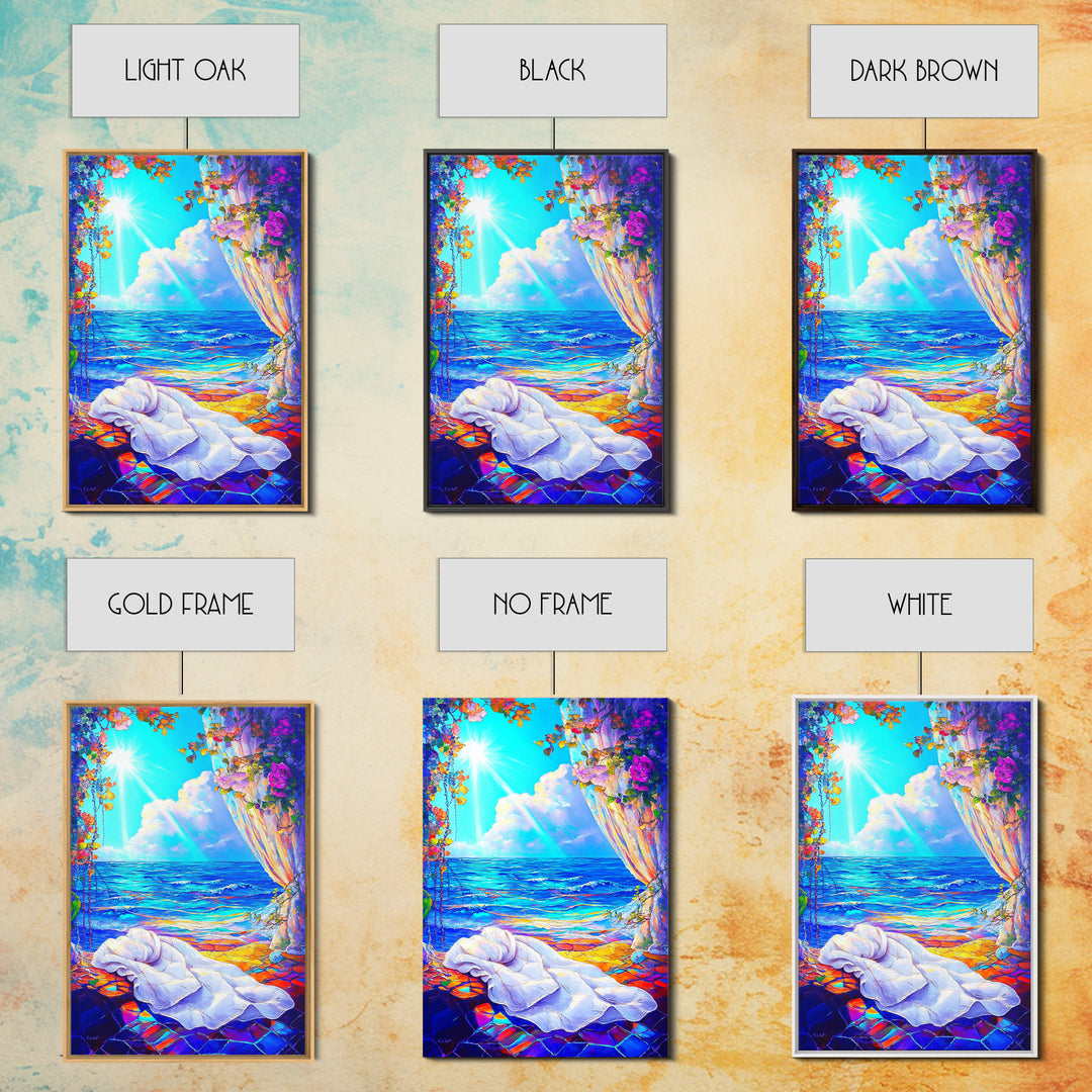 Sunlit Ocean Window And Draped Bed Framed Canvas Print, Coastal Wall Art, Beach House Decor, Romantic Seascape Bedroom Decor