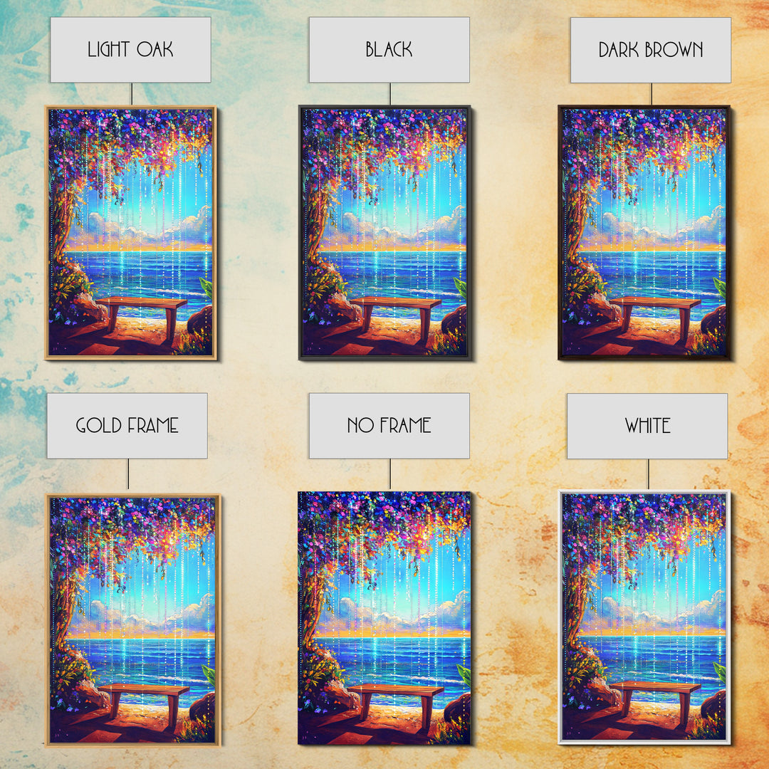 Flower Canopy Ocean Bench Framed Canvas Print, Coastal Wall Art, Tropical Beach House Decor, Romantic Seaside Artwork For Living Room