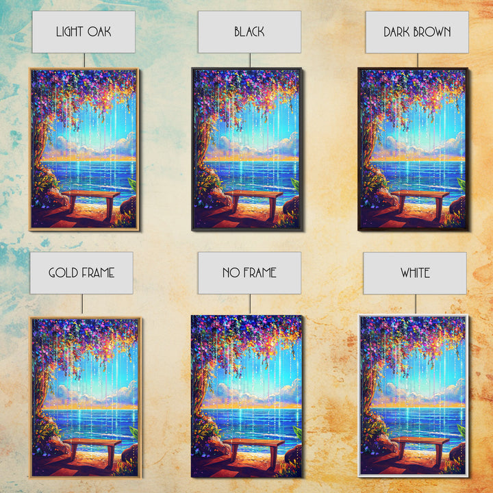 Flower Canopy Ocean Bench Framed Canvas Print, Coastal Wall Art, Tropical Beach House Decor, Romantic Seaside Artwork For Living Room