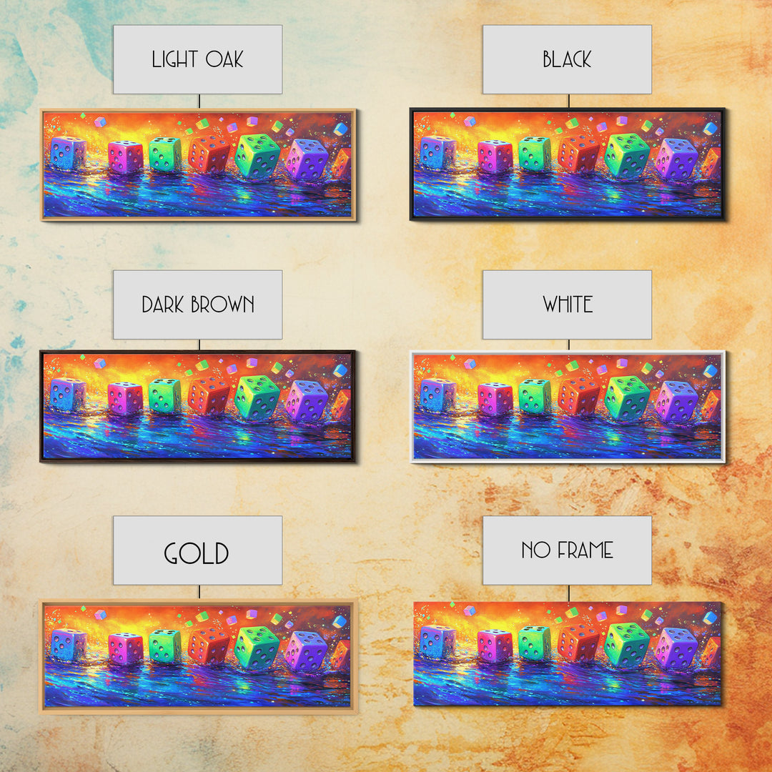 Row Of Rainbow Dice On Reflective Table Canvas Print, Game Room Wall Art, Colorful Wall Decor, Gamer Gift, Modern Wall Art