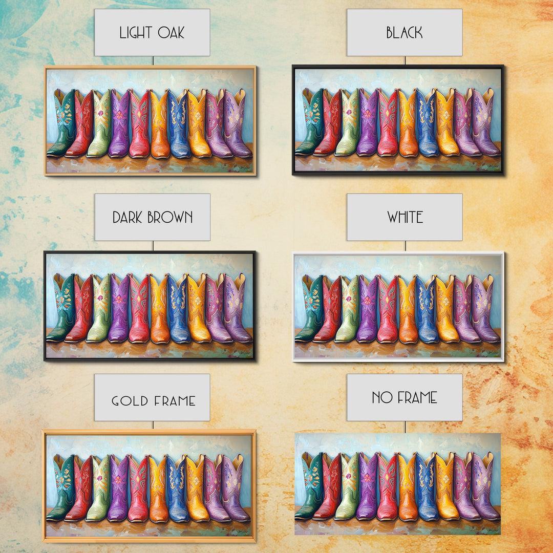 Colorful Row Of Western Cowgirl Boots Canvas Print, Embroidered Cowboy Wall Decor, Boho Ranch Living Room Housewarming Gift