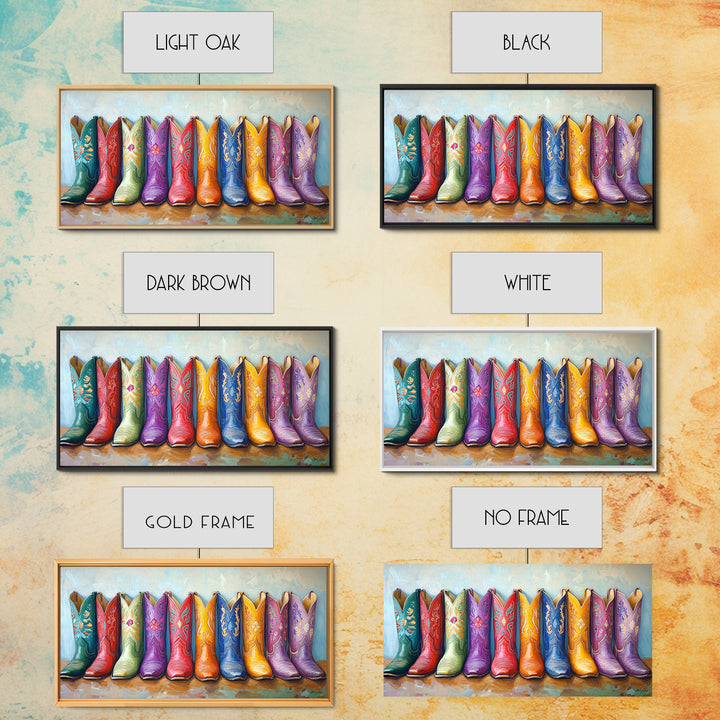 Colorful Row Of Western Cowgirl Boots Canvas Print, Embroidered Cowboy Wall Decor, Boho Ranch Living Room Housewarming Gift