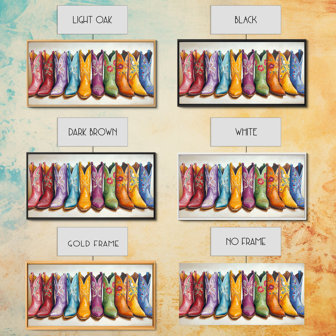 Vibrant Embroidered Cowboy Boots Wall Art, Western Cowgirl Decor, Rustic Farmhouse Canvas Print, Colorful Living Room Art