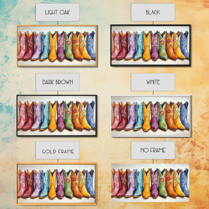Vibrant Embroidered Cowboy Boots Wall Art, Western Cowgirl Decor, Rustic Farmhouse Canvas Print, Colorful Living Room Art