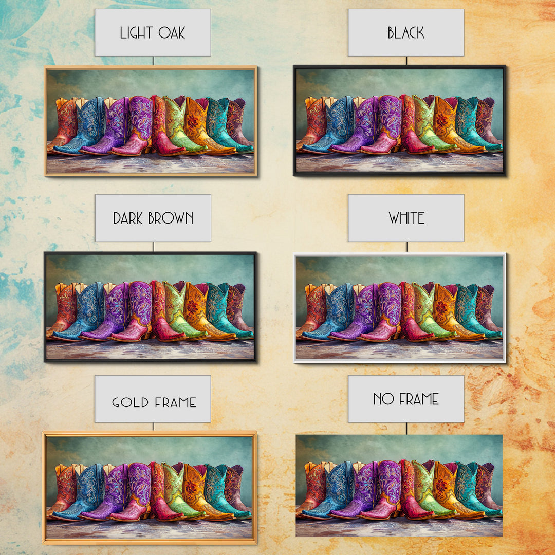 Bold Embroidered Cowboy Boots Canvas Print, Western Cowgirl Wall Art, Colorful Rustic Farmhouse Decor, Statement Living Room Art