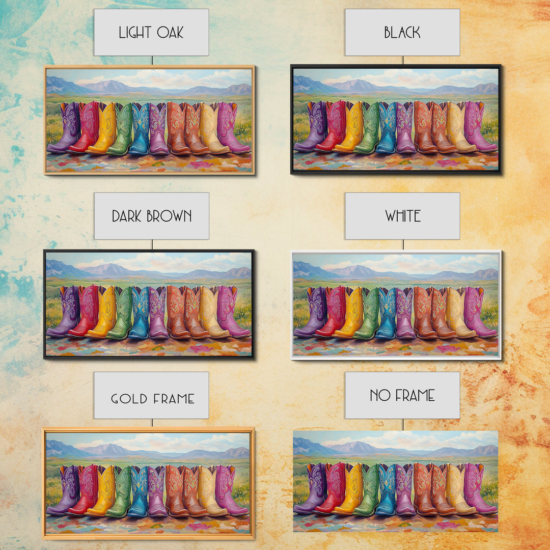 Rainbow Cowboy Boots With Mountain Meadow View Framed Canvas Print, Western Landscape Wall Art, Rustic Farmhouse Decor Gift