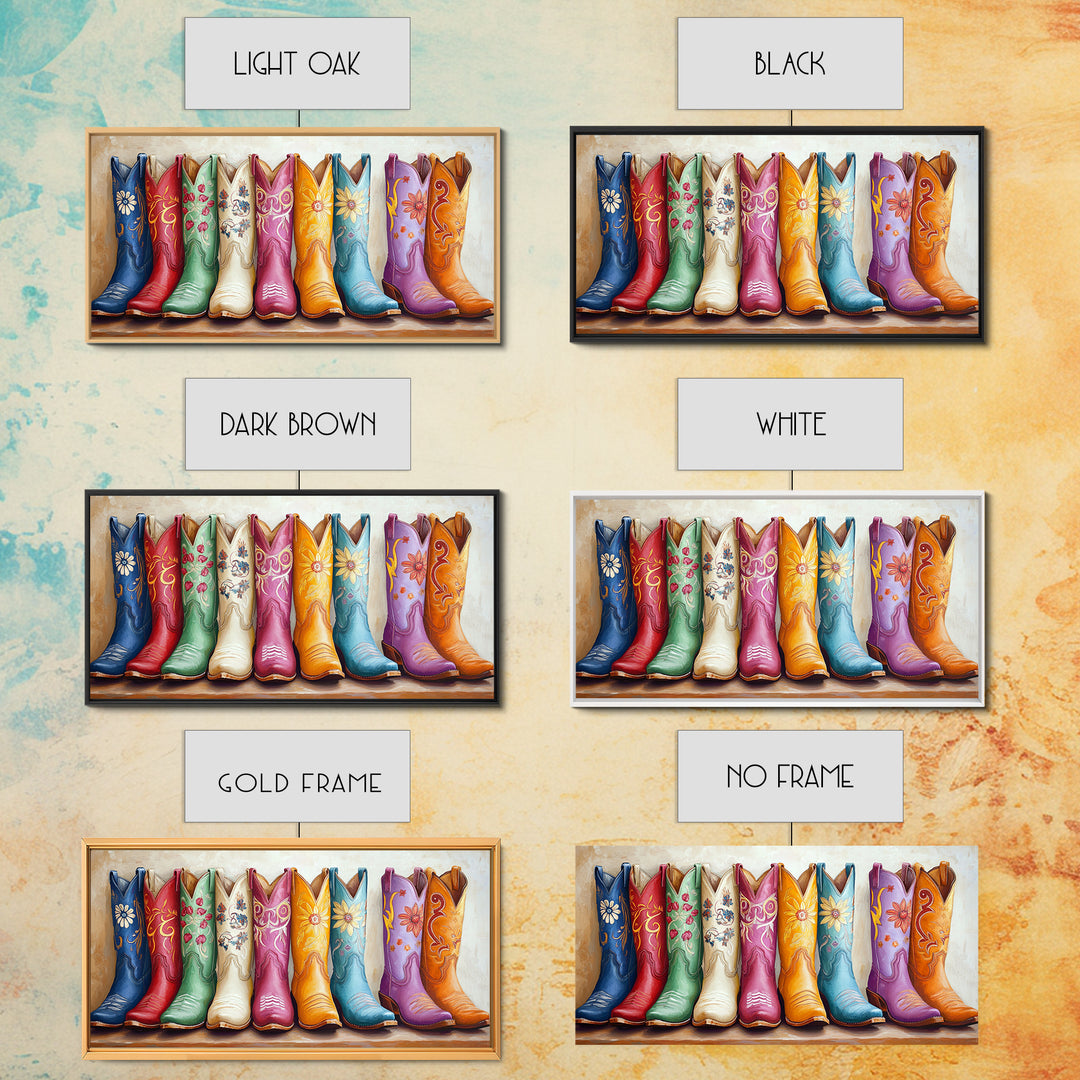 Vibrant Floral Cowgirl Boots In Blue Red Green And Orange Canvas Print, Western Wall Art, Boho Farmhouse Decor Gift For Her