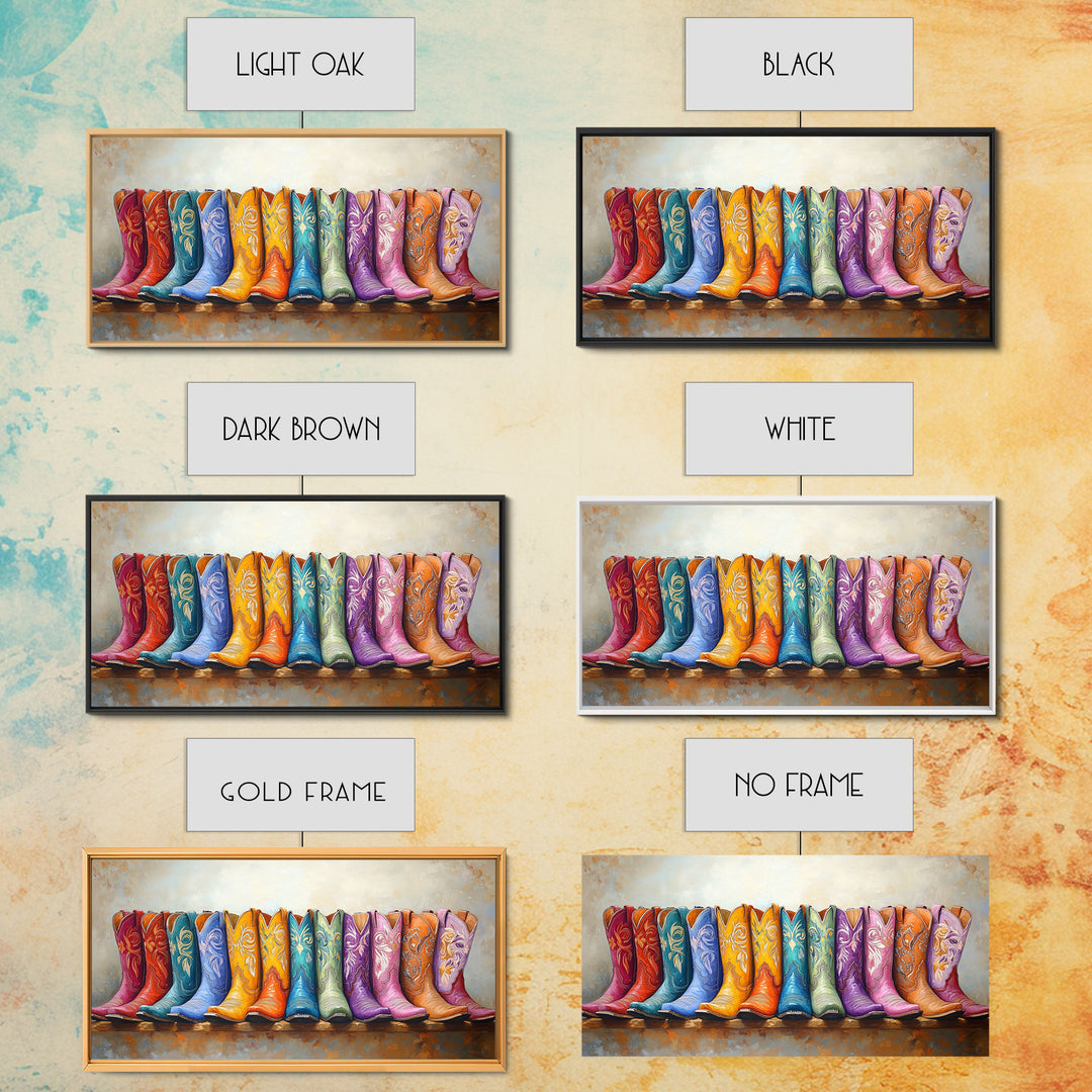 Boho Rainbow Western Boots On Rustic Ledge Framed Canvas Print, Cowgirl Wall Art, Colorful Wall Decor, Housewarming Gift