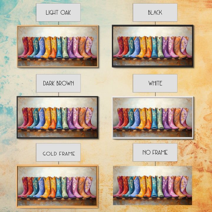 Boho Rainbow Western Boots On Rustic Ledge Framed Canvas Print, Cowgirl Wall Art, Colorful Wall Decor, Housewarming Gift