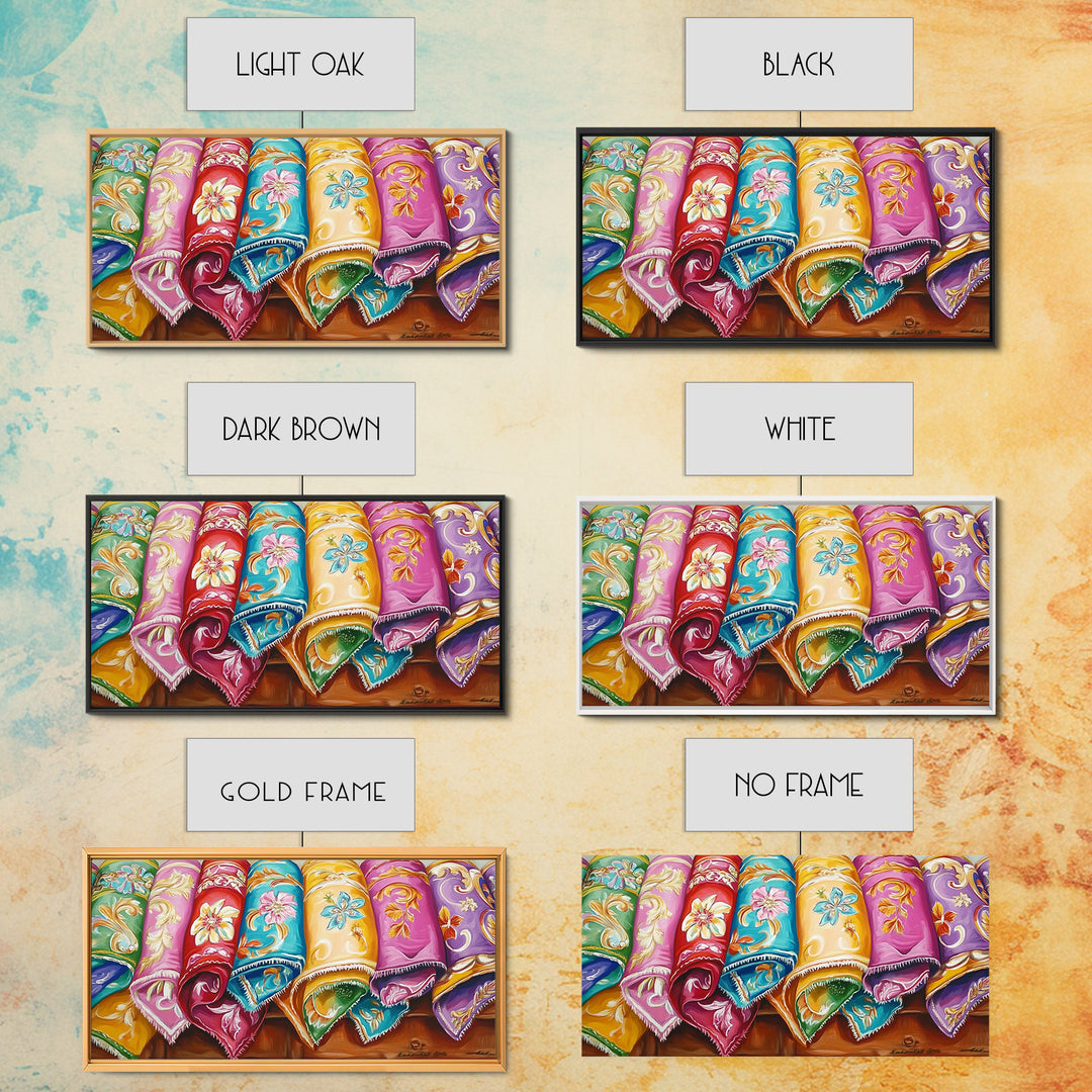 Rolled Embroidered Western Blankets Canvas Print, Colorful Cowgirl Wall Decor, Boho Ranch Living Room Art, Housewarming Gift