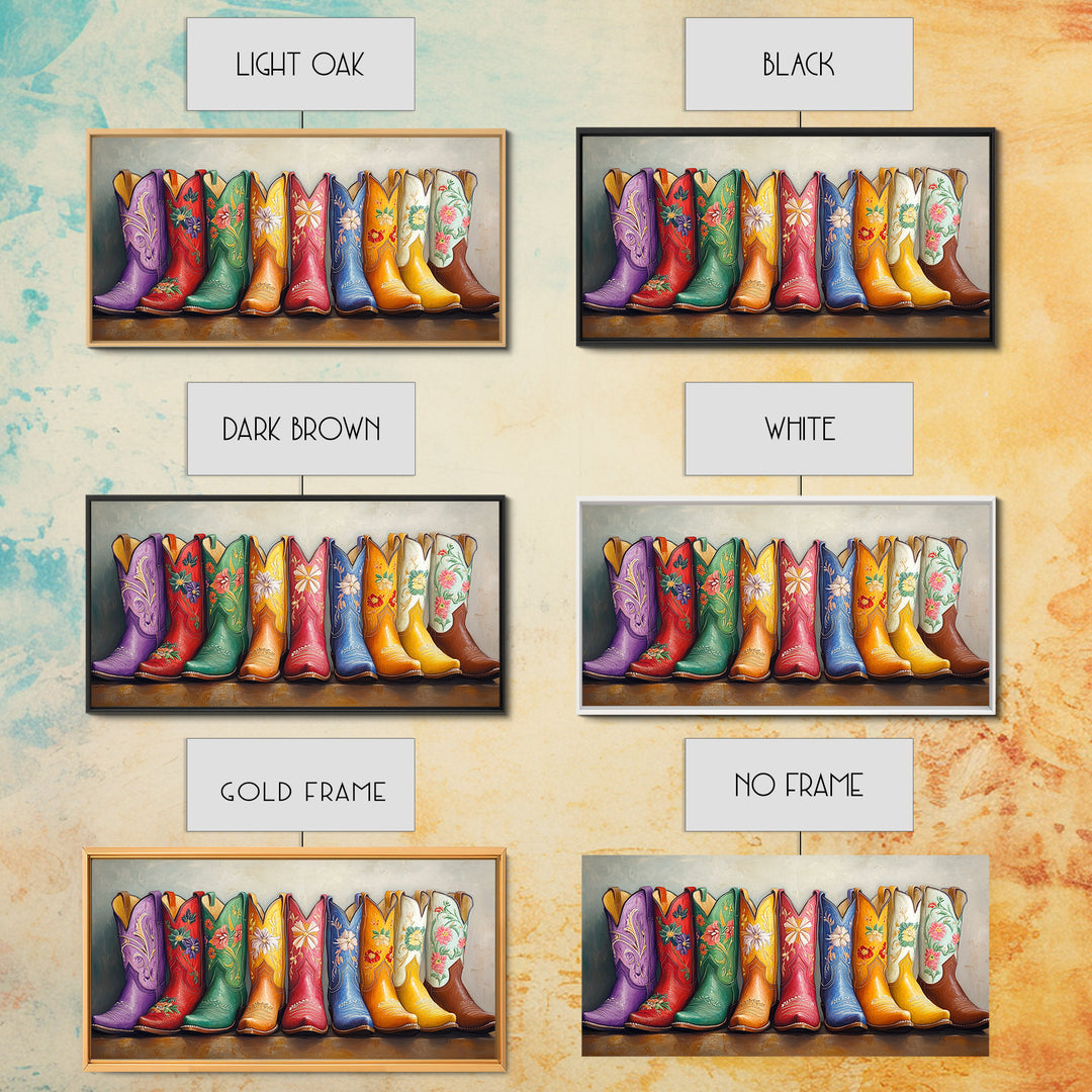 Bright Embroidered Western Boots Framed Canvas Print, Cowgirl Wall Art, Rustic Ranch Decor, Colorful Country Housewarming Gift