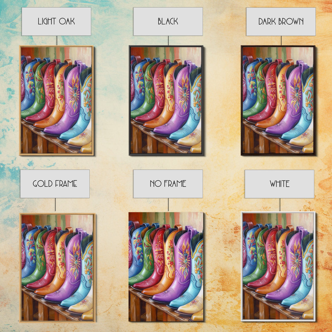 Bright Embroidered Cowboy Boots Wall Art, Western Cowgirl Canvas Print, Colorful Living Room Decor, Rustic Bedroom Wall Art