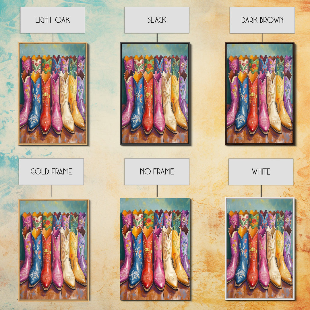 Front Facing Pink Blue Red And Cream Cowgirl Boots Framed Canvas Print, Western Wall Art, Maximalist Decor, Gift For Her