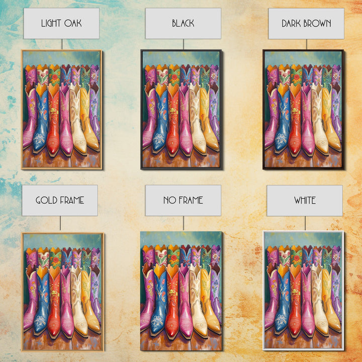 Front Facing Pink Blue Red And Cream Cowgirl Boots Framed Canvas Print, Western Wall Art, Maximalist Decor, Gift For Her