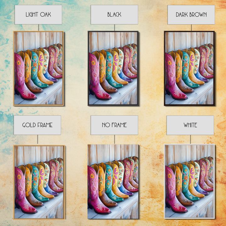 Rustic Row Of Painted Cowgirl Boots Wall Art, Western Floral Canvas Print, Southwestern Ranch Decor, Housewarming Gift For Her