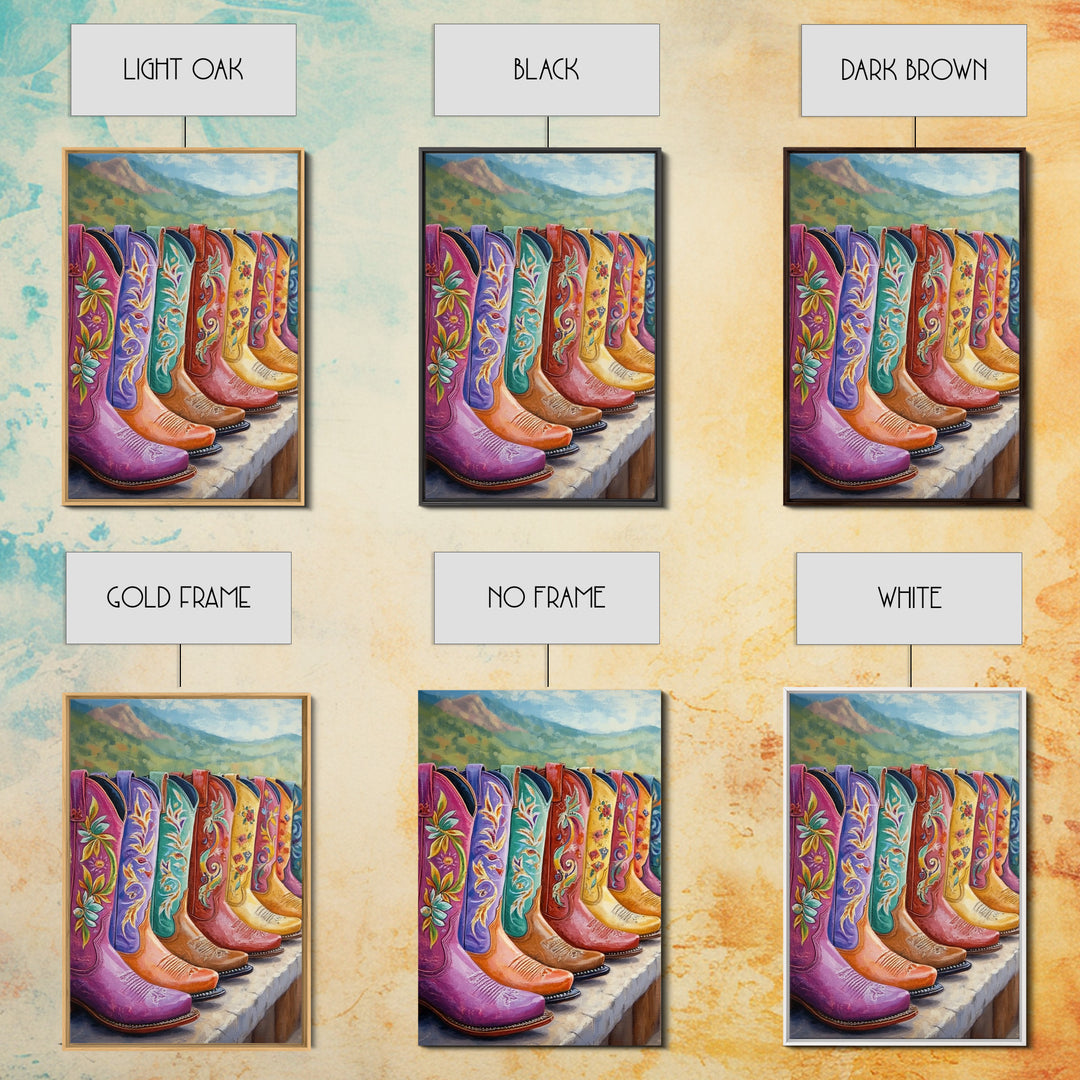 Floral Cowboy Boots With Mountain View Wall Art, Western Landscape Painting, Cowgirl Decor, Rustic Farmhouse Canvas Print