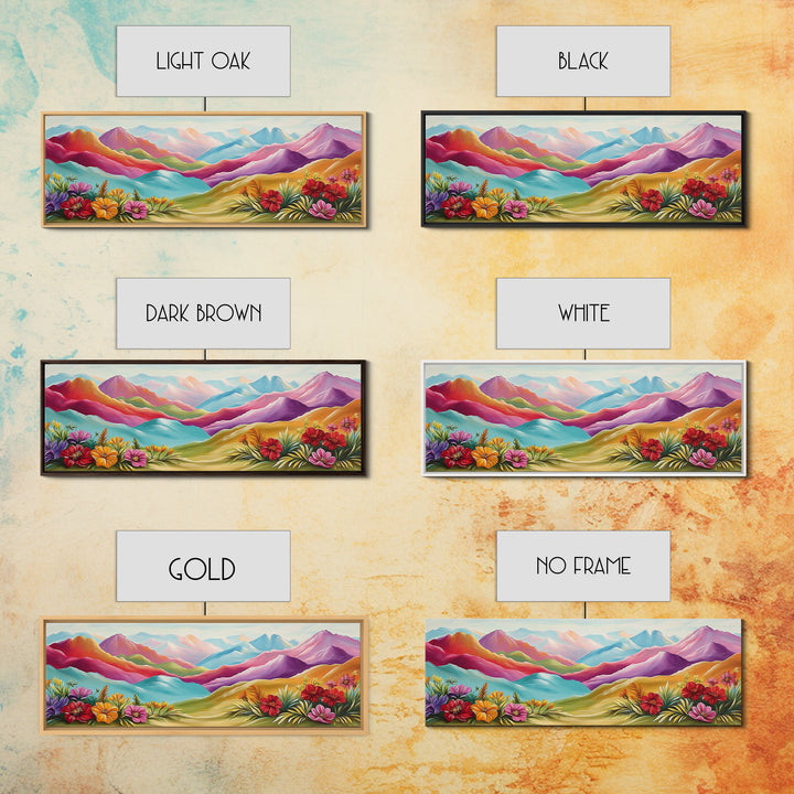 Vibrant Rainbow Mountains With Desert Flowers Wall Art, Abstract Landscape, Colorful Wall Art, Southwestern Decor, Large Canvas Print