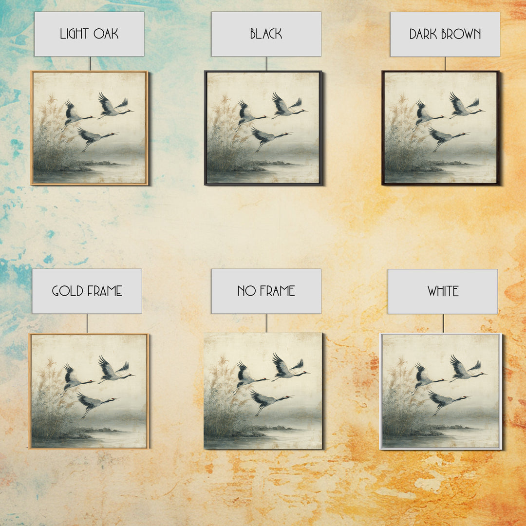 Ethereal Cranes Flying Through Pale Morning Mist Canvas Print, Above Bed Art, Fine Art Print, Bedroom Decor, Serenity, ABA-1x1-57