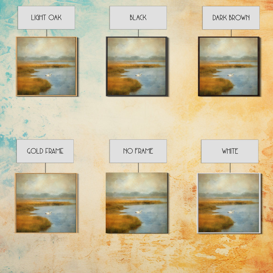 Paired Swans in a Dreamy Painterly Lake Canvas Print, Above Bed Art, Bedroom Wall Decor, Bedroom Decor, Fine Art, Serenity, ABA-1x1-94