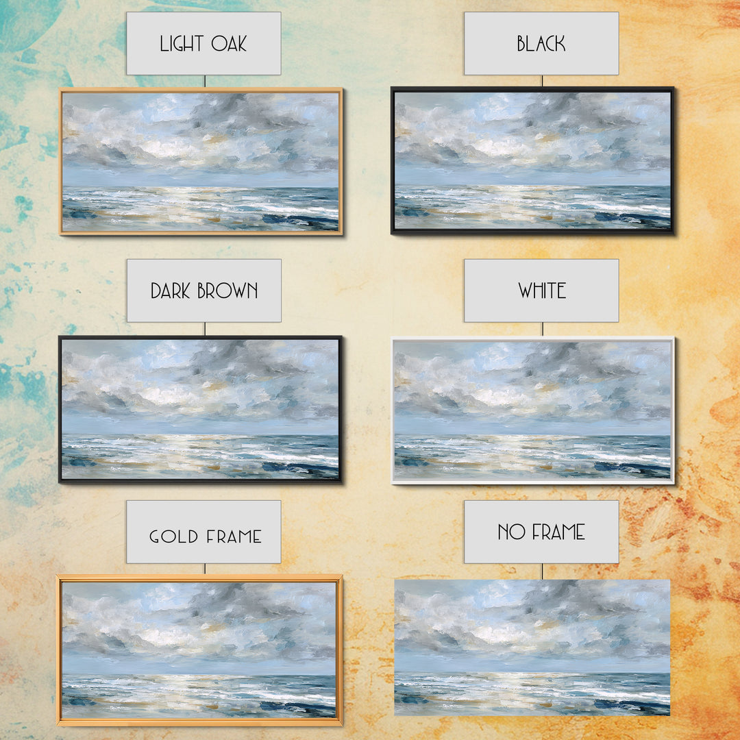 Quiet Moon over a Calm Ocean Horizon Framed Canvas Print, Above Bed Art, Bedroom Wall Decor, Bedroom Decor, Oil Painting, ABA-2x1-95