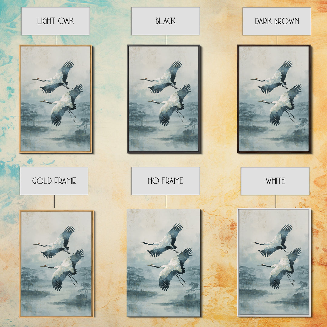 Ethereal Cranes Flying Through Pale Morning Mist Canvas Print, Above Bed Art, Printable Wall Art, Bedroom Decor, Serenity, ABA-2x3-17