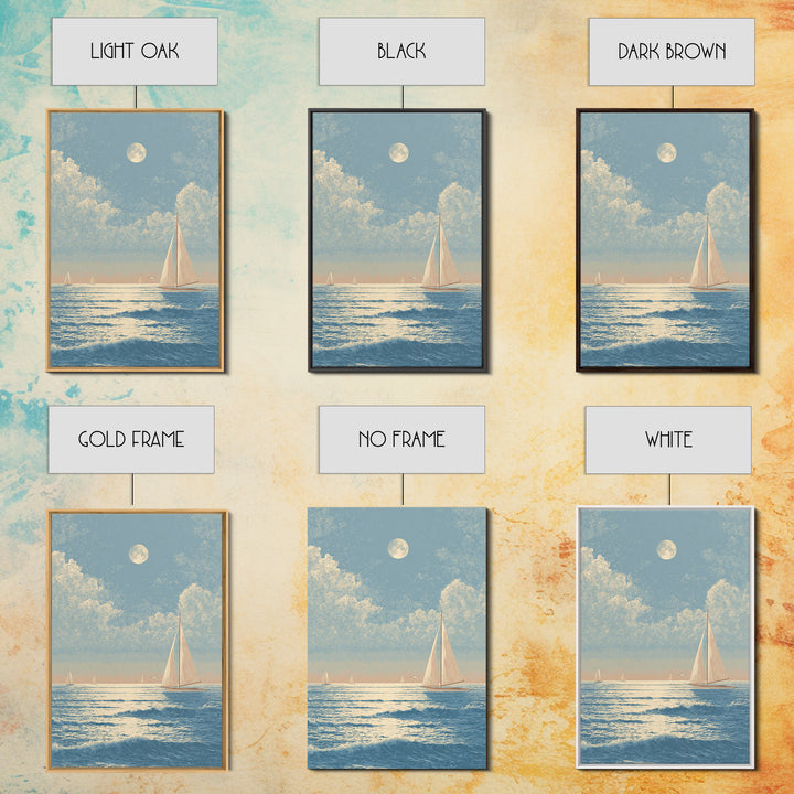Quiet Moon over a Calm Ocean Horizon Framed Canvas Print, Above Bed Art, Digital Art, Bedroom Decor, Fine Art, Serenity, ABA-2x3-59