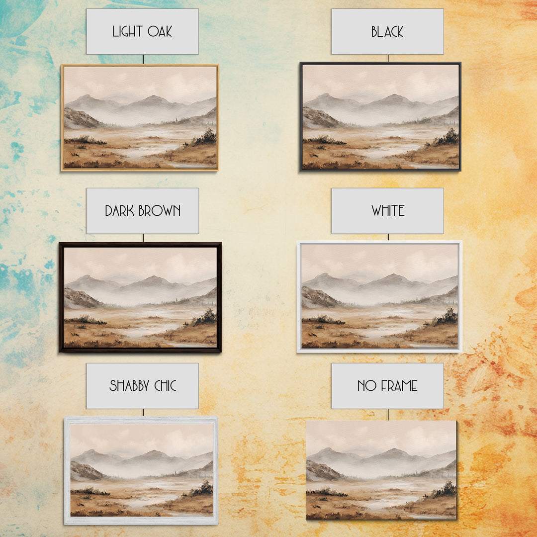 Panoramic Misty Mountain Landscape Framed Canvas Print, Above Bed Art, Dopamine Decor, Bedroom Decor, Oil Painting, Serenity, ABA-3x2-5