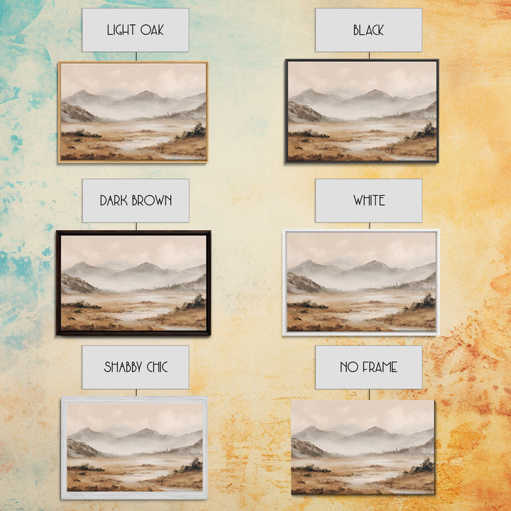 Panoramic Misty Mountain Landscape Framed Canvas Print, Above Bed Art, Dopamine Decor, Bedroom Decor, Oil Painting, Serenity, ABA-3x2-5