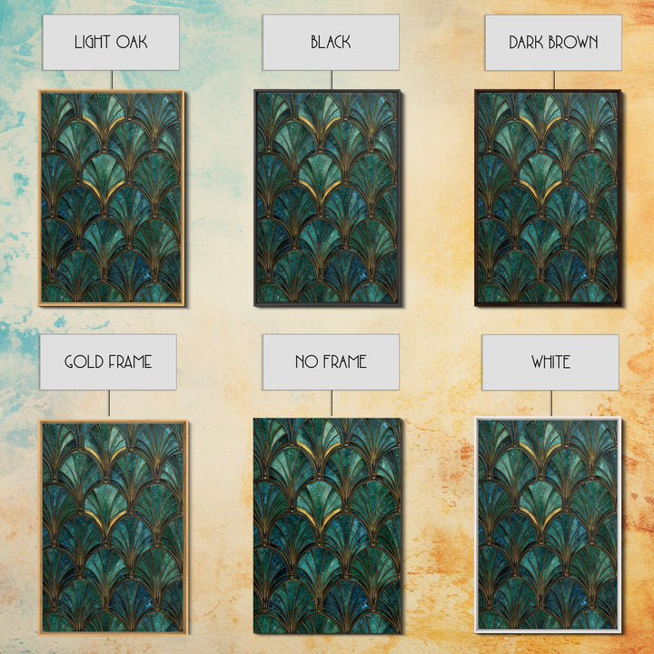 Emerald Peacock Feather Pattern Framed Canvas Print, Art Deco Art, Blue Wallpaper, Living Room Decor, Oil Painting, Glamour, ADA-2x3-8