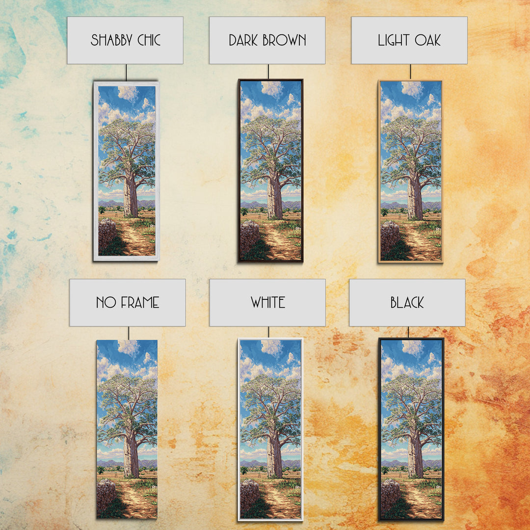 Sunlit Baobab Tree Landscape, African Wall Art, Safari Decor, Nature Scene Art, Blue Sky Framed Canvas Print Gift For Living Room