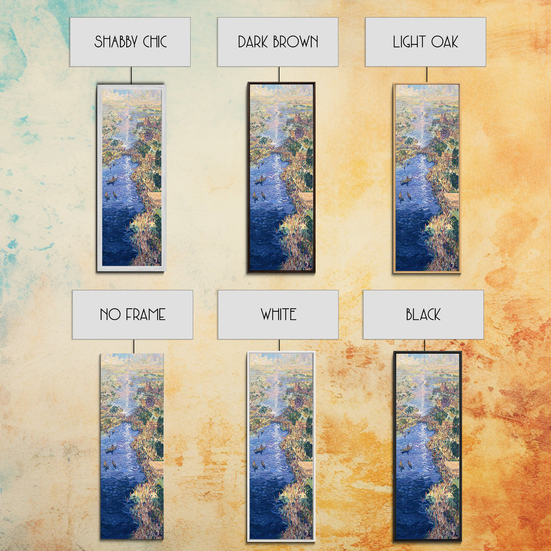 Sunlit African River Crowd Wall Art, Blue Water Boats, Cultural Cityscape, Afrocentric Decor, African Painting Canvas Print