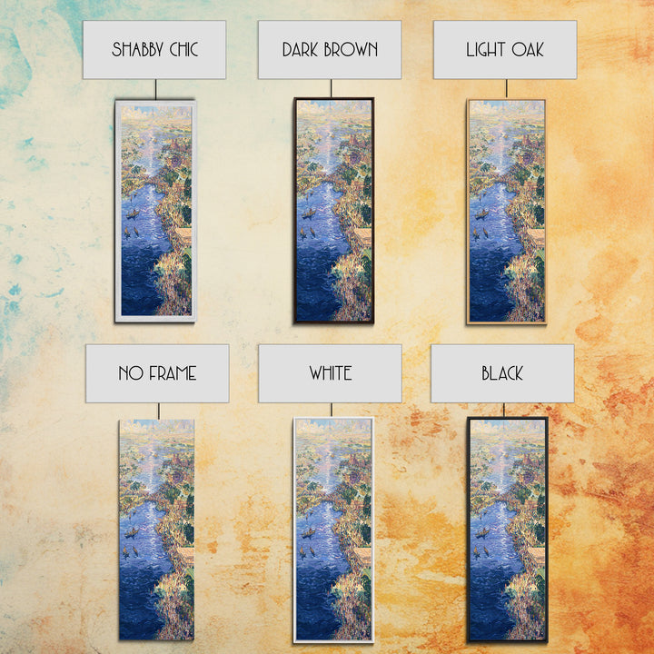 Sunlit African River Crowd Wall Art, Blue Water Boats, Cultural Cityscape, Afrocentric Decor, African Painting Canvas Print