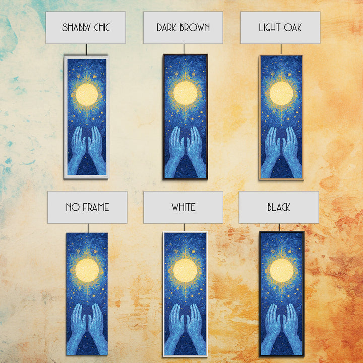 Glowing Celestial Sun Between Blue Hands Wall Art, Spiritual Wall Art, Mystical Wall Art, Starry Blue Home Decor Gift Idea
