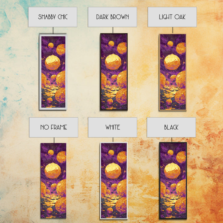 Floating Golden Planets Over Purple Cosmic Water, Canvas Print, Abstract Wall Art, Vibrant Decor, Unique Home Decor Gift