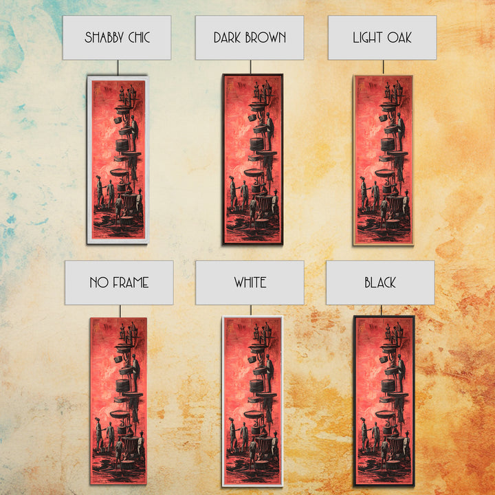 Red Surreal Figures Climbing Stacked Paths Wall Art, African Abstract Story Print, Modern Black Culture Decor Canvas For Office