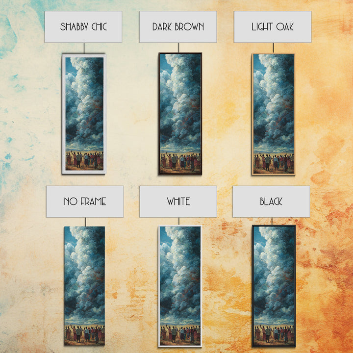 Towering Blue Clouds Above African Gathering Canvas Print, Afrocentric Wall Decor, Dramatic Sky Painting, Cultural Art Gift