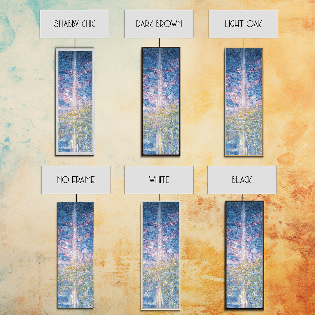 Radiant Sky Beam Utopia Framed Canvas Print, Futuristic City Wall Art, Blue Cloudscape, Dreamy Modern Home Decor, Large Decor Art