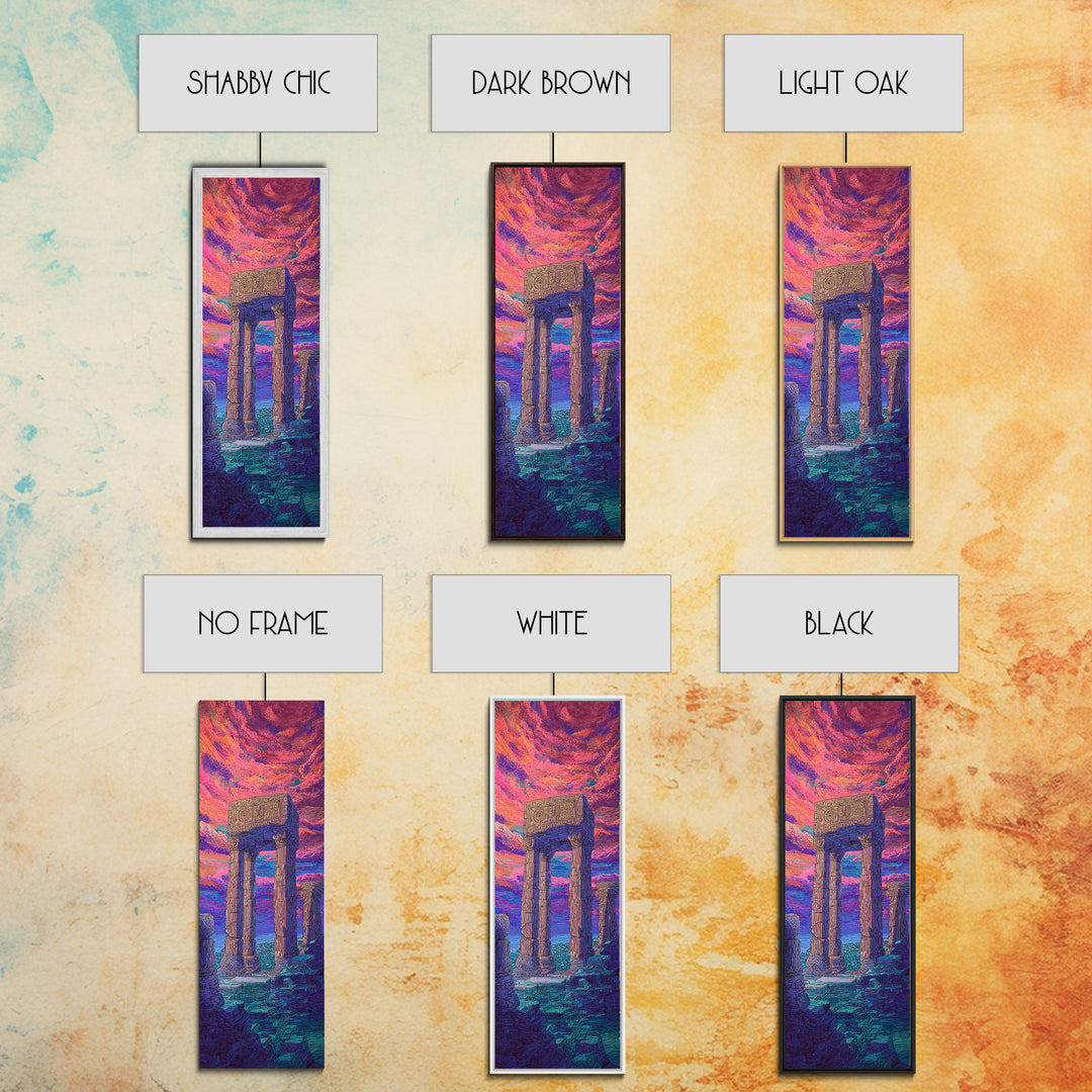 Ancient Stone Portal At Neon Sea Wall Art, Surreal Ruins Landscape, African Inspired Decor, Fantasy Sunset Canvas Print Gift