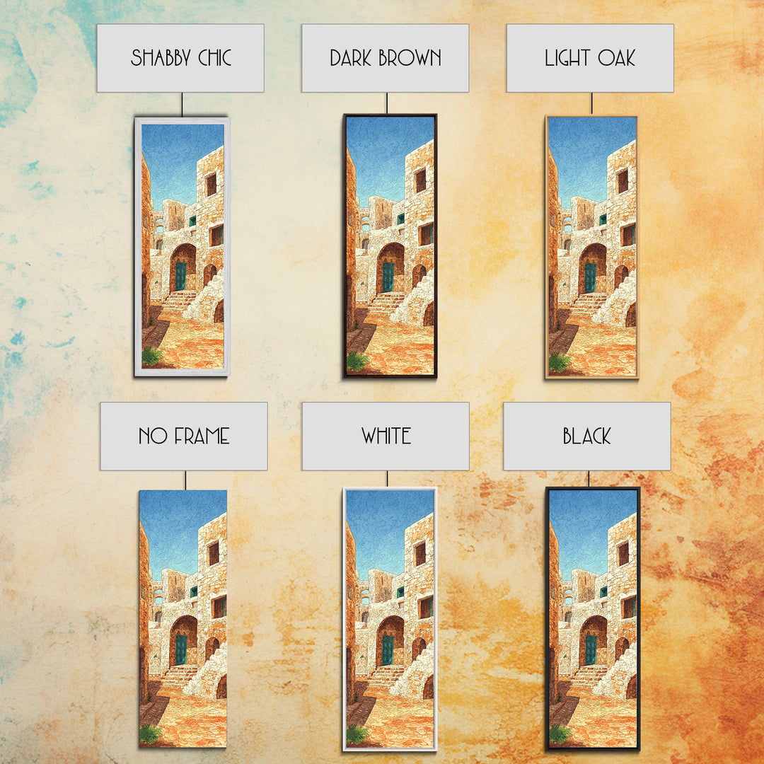 Sunlit Stone Medina Alley Canvas Print, Moroccan Blue Door Wall Art, African Travel Decor, Rustic Beige Home Decor Gift Print