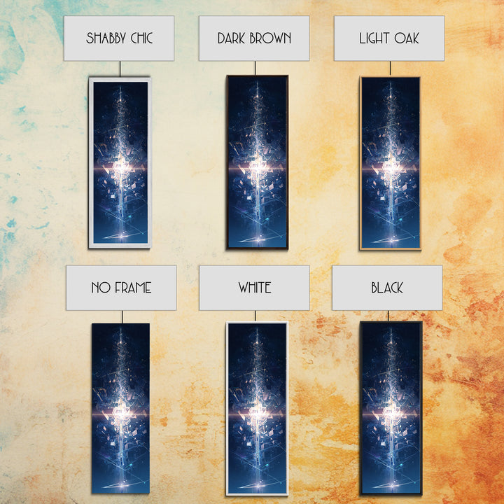 Futuristic Blue Light Tower In Dark Digital City, Canvas Print, Modern Abstract Wall Art, Afrofuturism Office Decor Gift