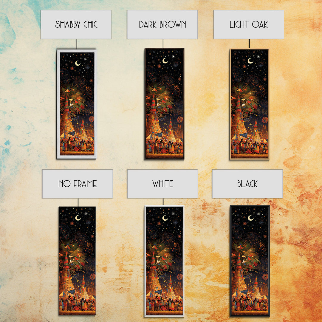 Starry African Village Night Wall Art, Crescent Moon Festival Scene, Afrocentric Decor, Mystical Cultural Canvas Print Gift