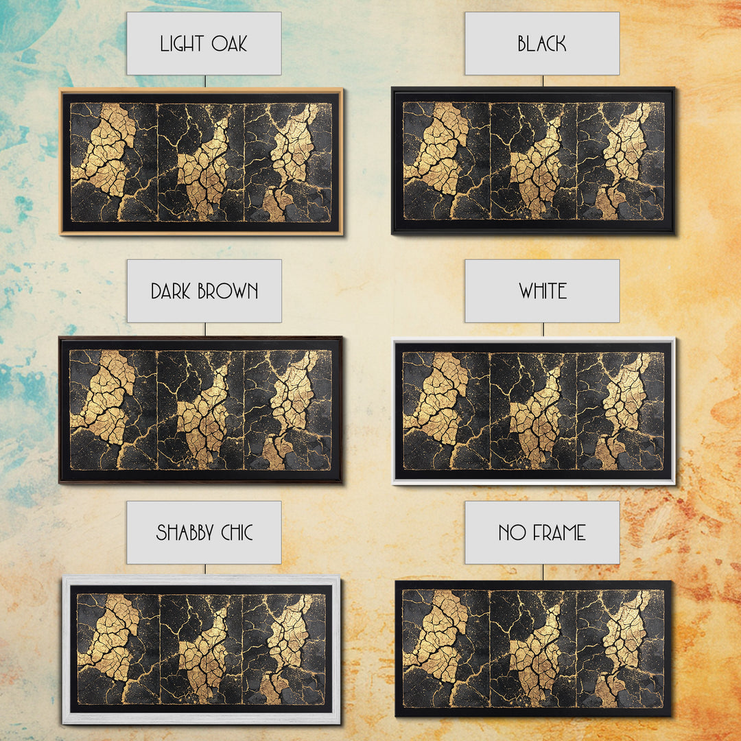 Black And Gold Cracked Triptych Abstract Wall Art, African Inspired Luxury Canvas Decor, Modern Textured Statement Print