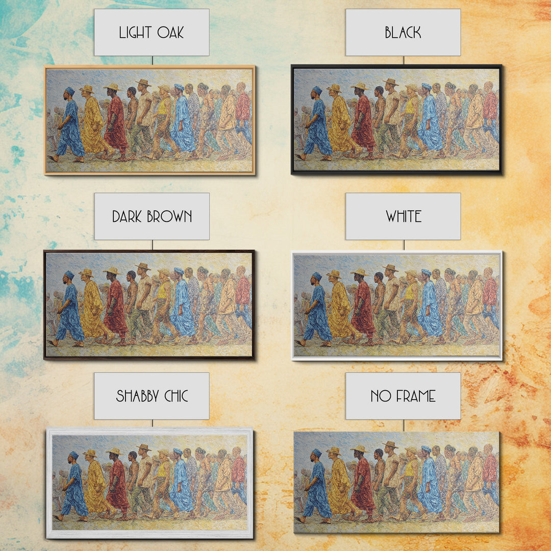 African Procession In Sunlit Robes Canvas Print, Cultural Wall Decor, Panoramic Black Art For Living Room And Office Gallery