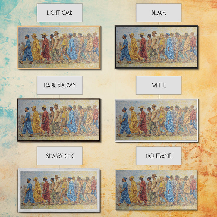 African Procession In Sunlit Robes Canvas Print, Cultural Wall Decor, Panoramic Black Art For Living Room And Office Gallery